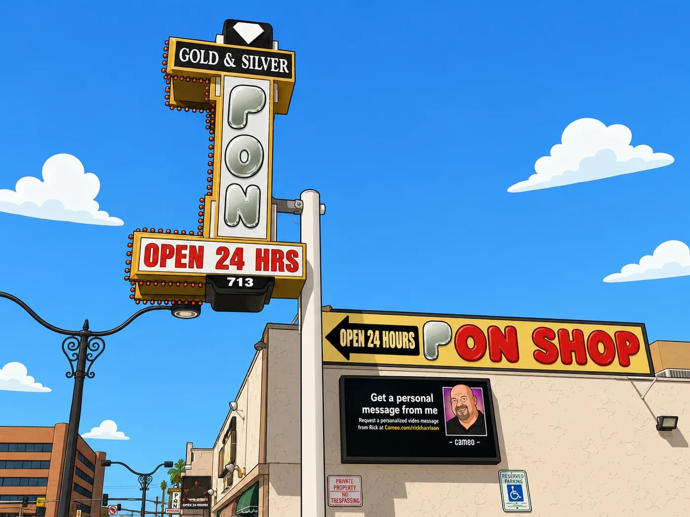 The Gold & Silver Pon Shop sign against a blue sky, open 24 hours